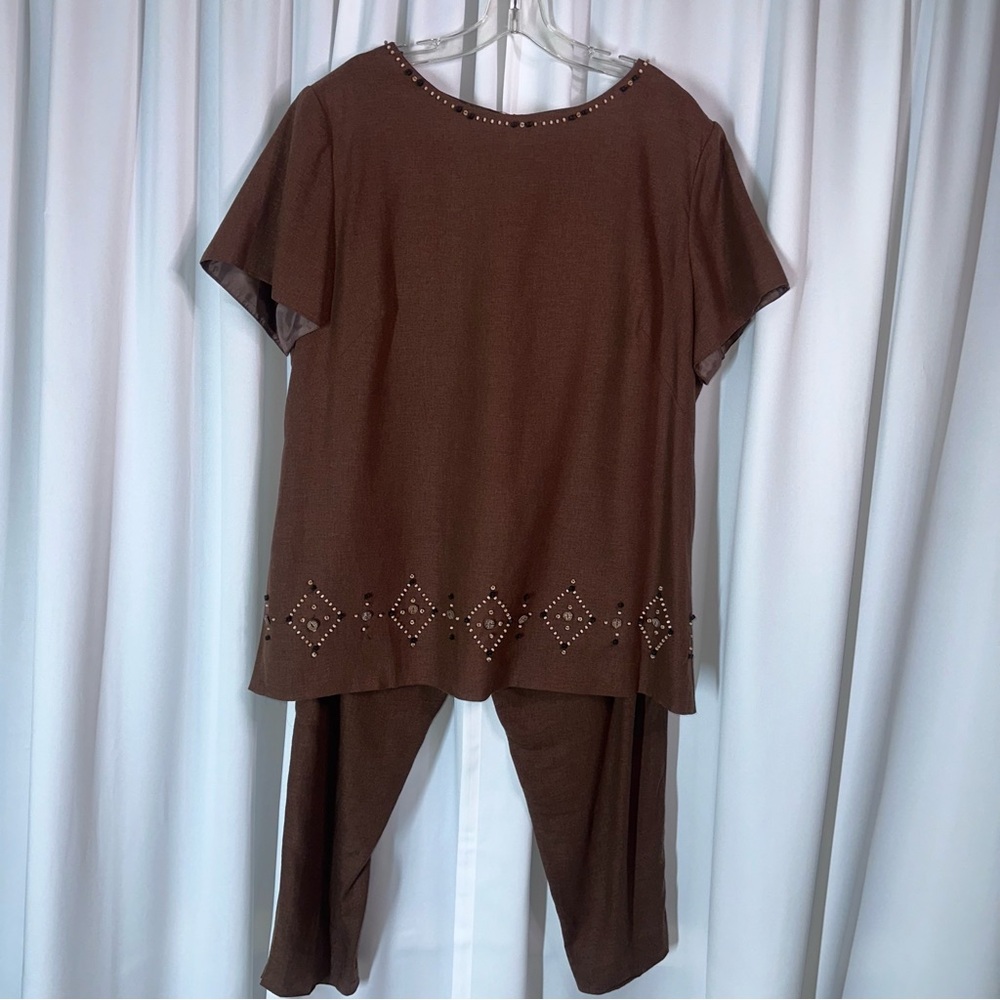 Vintage Jessica Howard 2 PC 100% Linen  Sz 20 Brown Beaded Lined Top‎ Shirt Pant